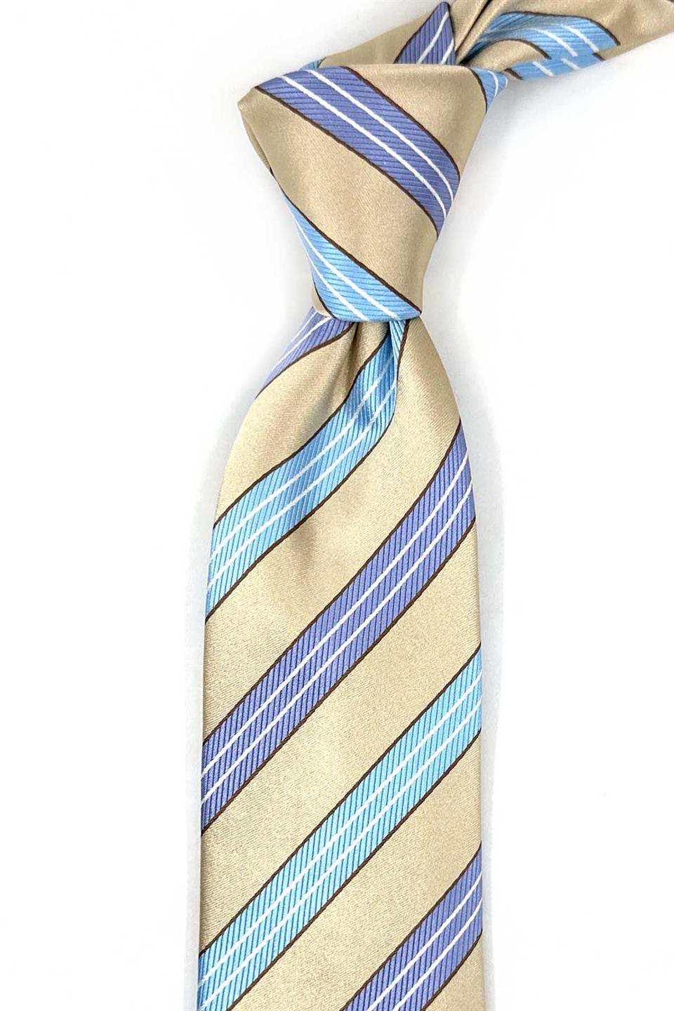 Carrigna Style Bej Çizgi Desen İtalyan İpek Kravat İK1943