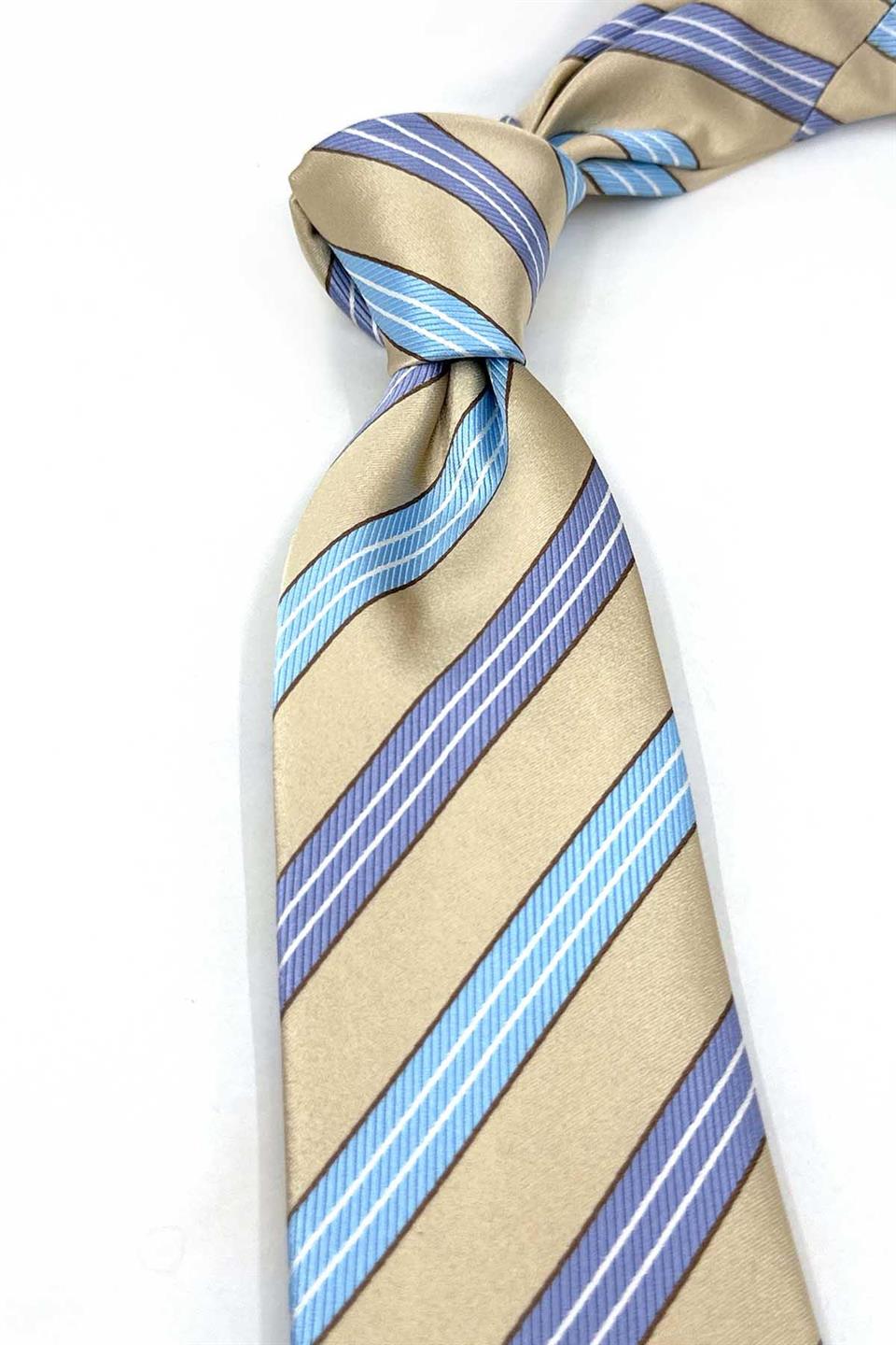 Carrigna Style Bej Çizgi Desen İtalyan İpek Kravat İK1943