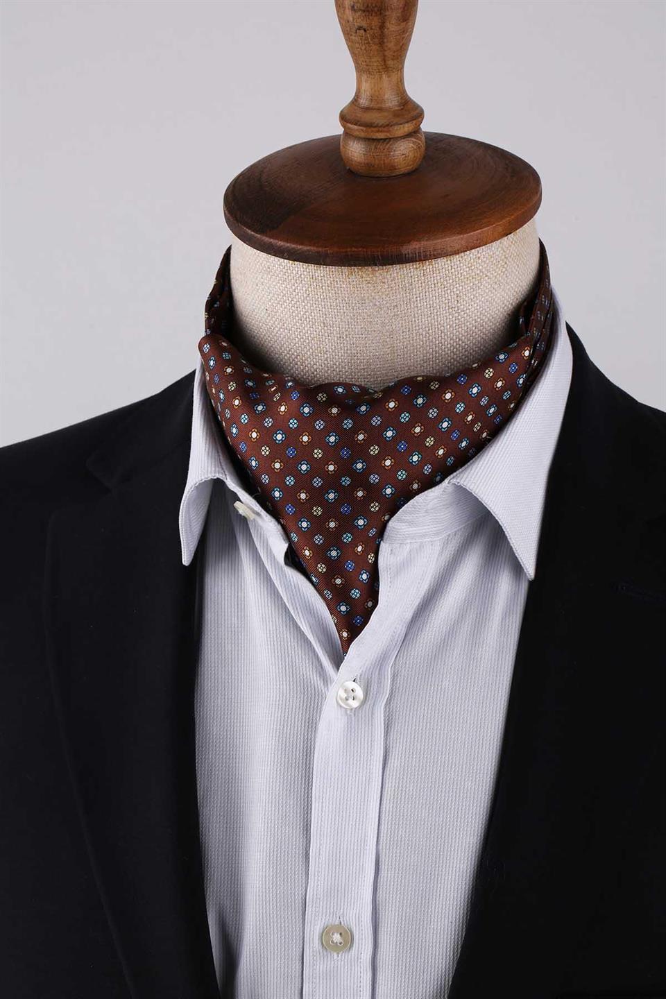 Çiçek Desen Kahverengi İtalyan İpek Ascot Kravat SAC56