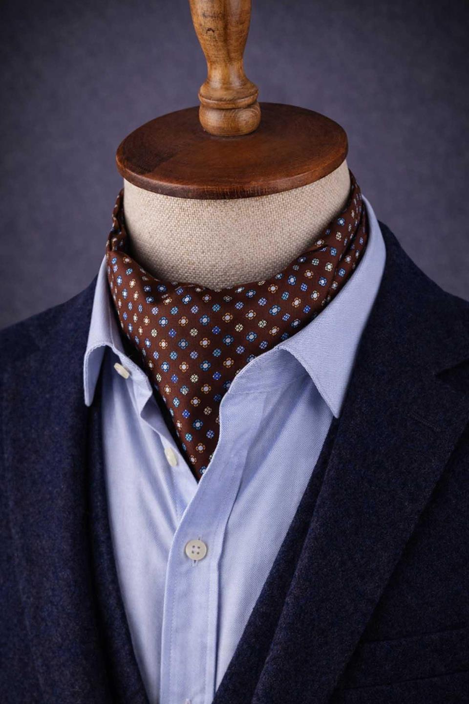 Çiçek Desen Kahverengi İtalyan İpek Ascot Kravat SAC56
