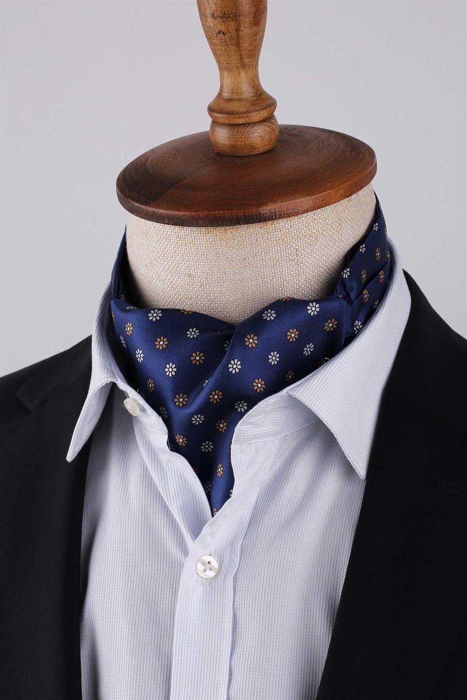 Çiçek Desen Lacivert İtalyan İpek Ascot Kravat SAC10