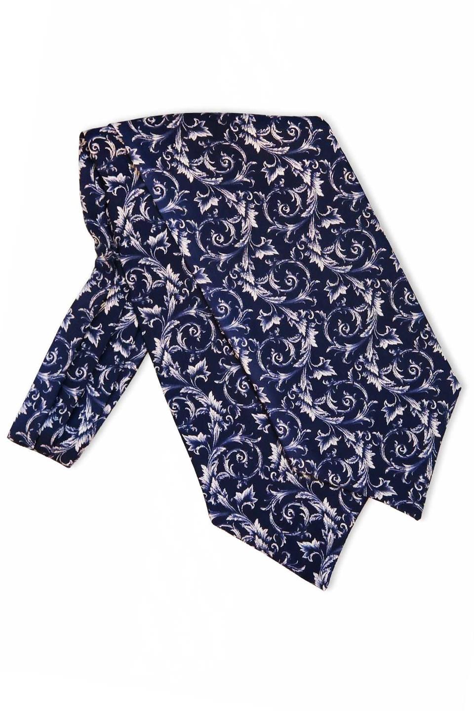 Çiçek Desen Lacivert İtalyan İpek Ascot Kravat SAC41