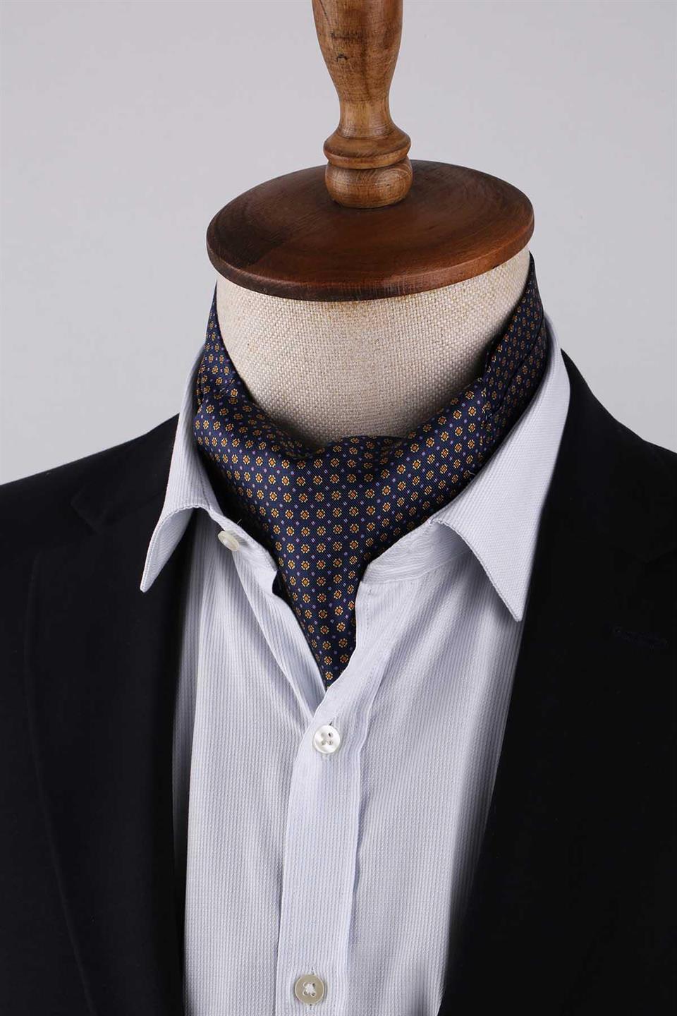 Çiçek Desen Lacivert İtalyan İpek Ascot Kravat SAC39