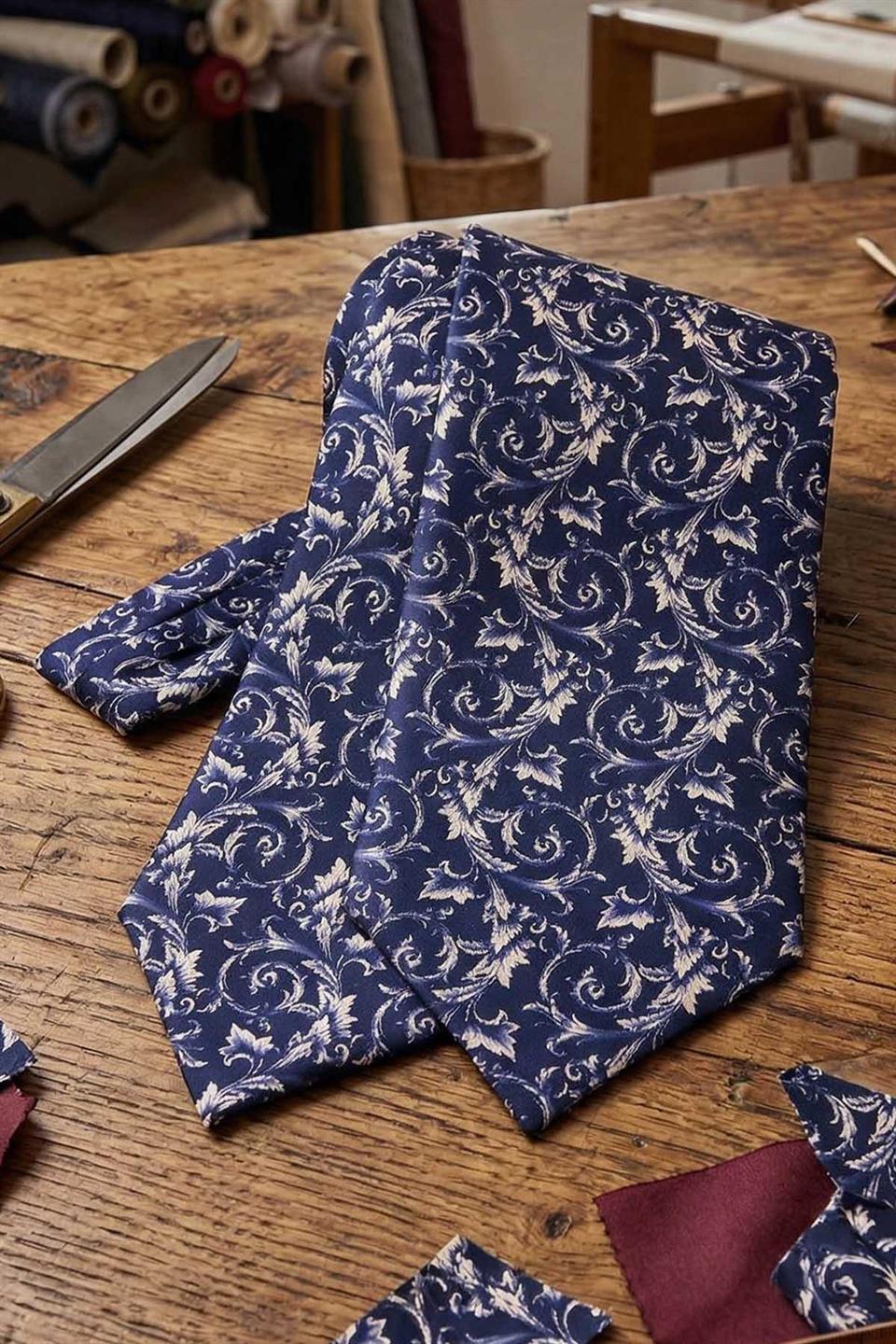 Çiçek Desen Lacivert İtalyan İpek Ascot Kravat SAC41