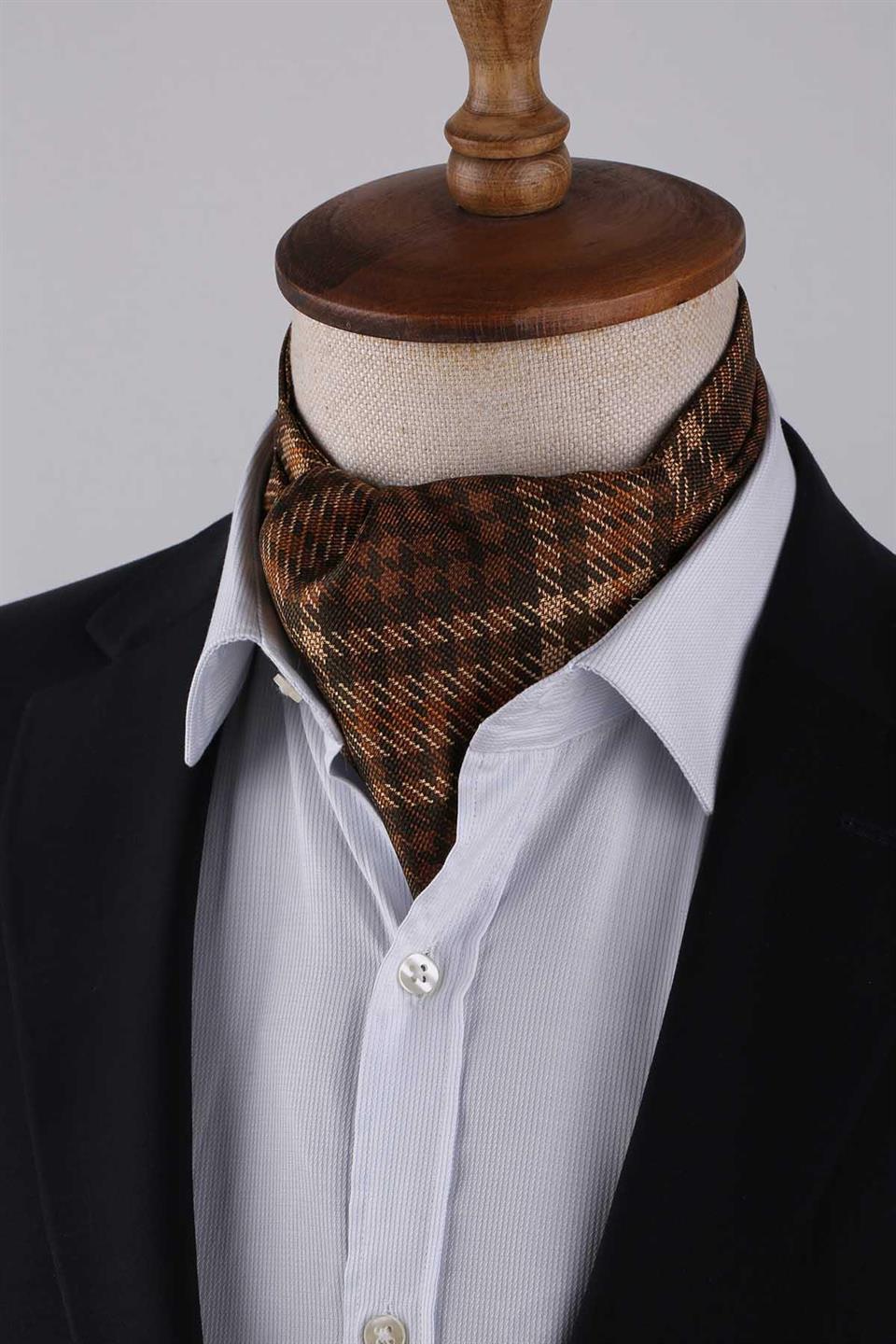 Çift Taraflı Kare - Ekose Desen Kahverengi İtalyan İpek Ascot Kravat SAC29