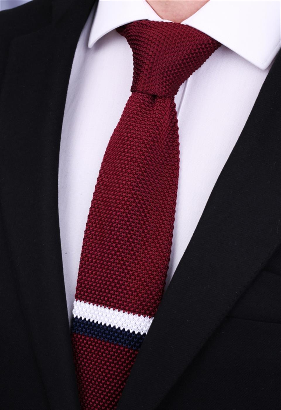 Çizgi Desen Örgü Bordo Kravat 8017