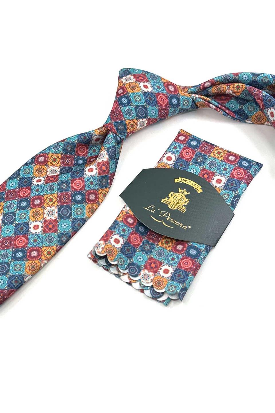 Çok Renkli Baskılı Mendilli Klasik Kravat KK13355