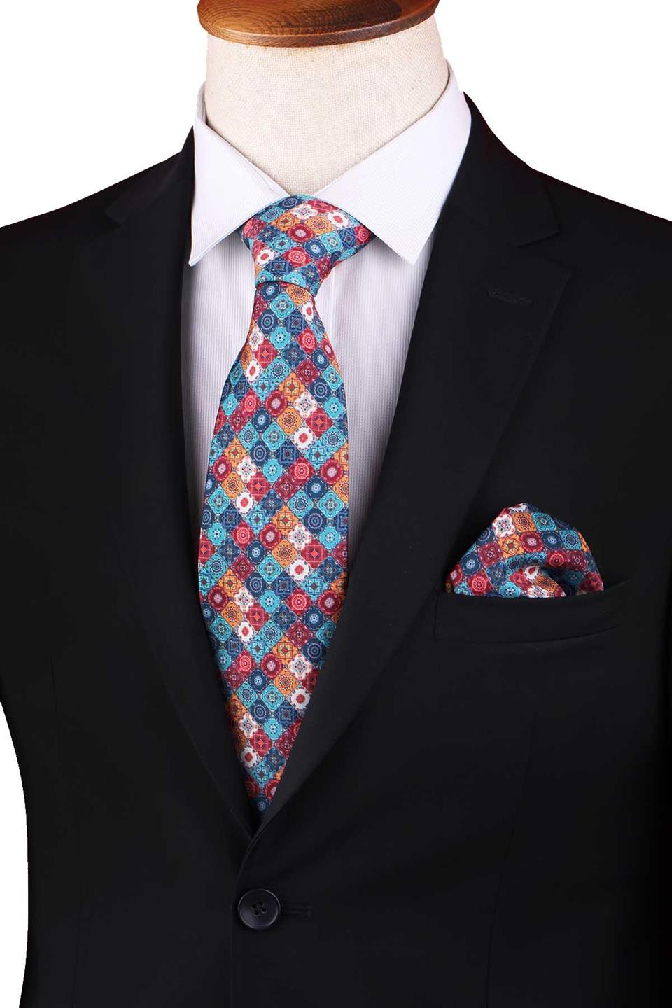 Çok Renkli Baskılı Mendilli Klasik Kravat KK13355