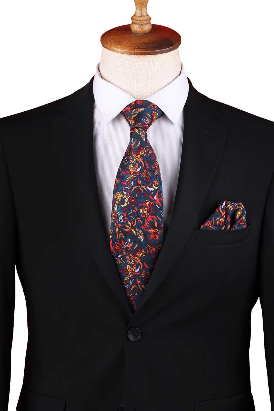 Çok Renkli Çiçek Desen Baskılı Mendilli Klasik Kravat KK13351