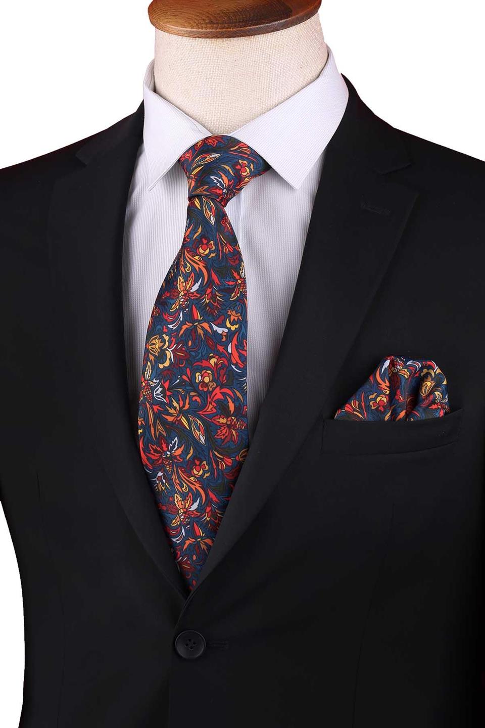 Çok Renkli Çiçek Desen Baskılı Mendilli Klasik Kravat KK13351