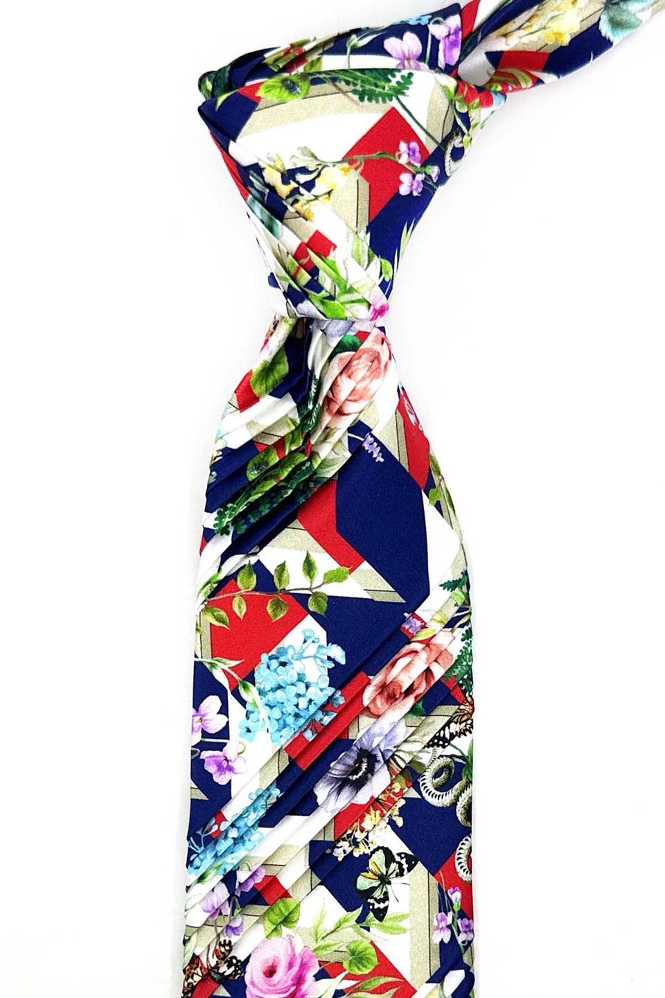 Çok Renkli Çiçek Desen Piliseli İpek Kravat EST204