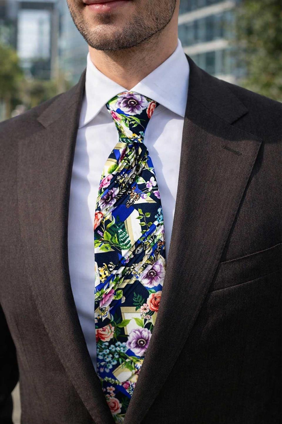 Çok Renkli Çiçek Desen Piliseli İpek Kravat EST201