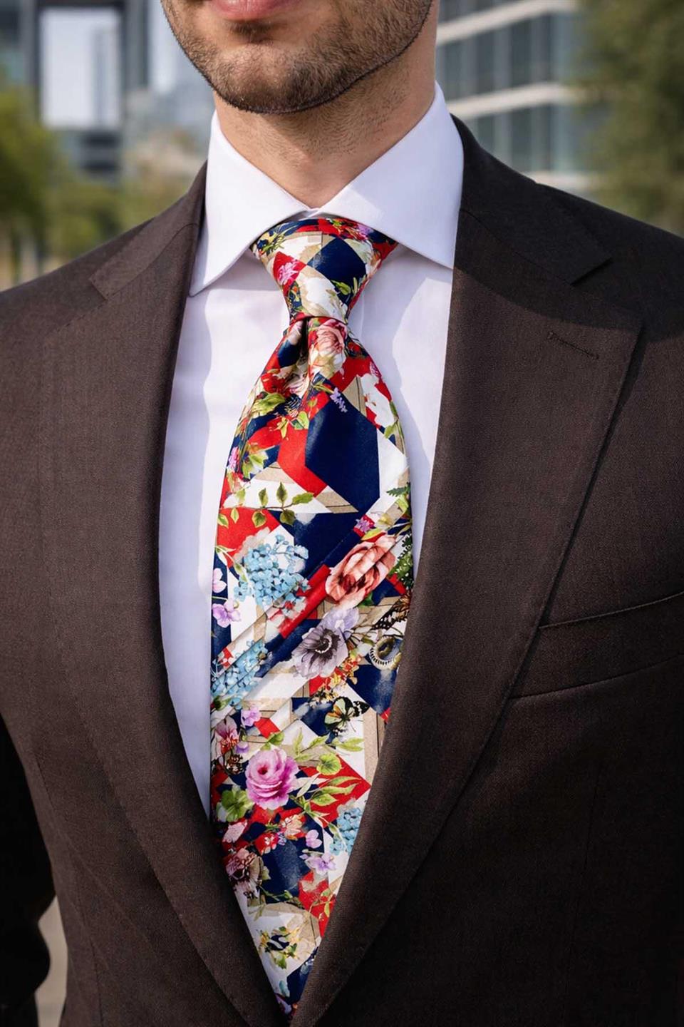 Çok Renkli Çiçek Desen Piliseli İpek Kravat EST204