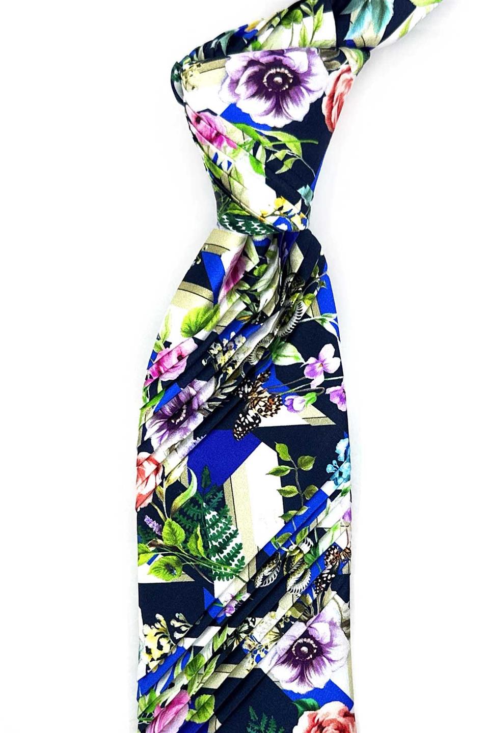 Çok Renkli Çiçek Desen Piliseli İpek Kravat EST201