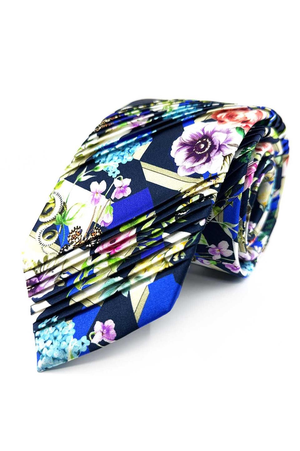 Çok Renkli Çiçek Desen Piliseli İpek Kravat EST201