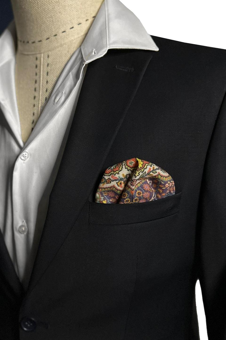 Çok Renkli El Dikişi İtalyan Yün Cep Mendili WL13