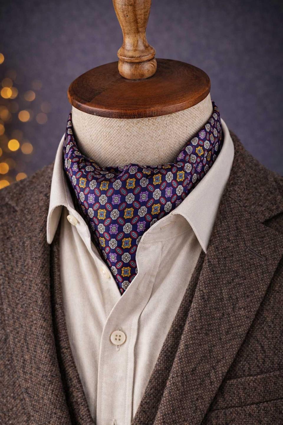 Çok Renkli Motif Desen İtalyan İpek Ascot Kravat SAC61