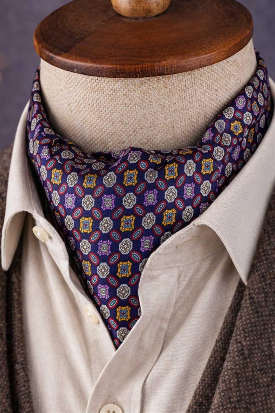 Çok Renkli Motif Desen İtalyan İpek Ascot Kravat SAC61