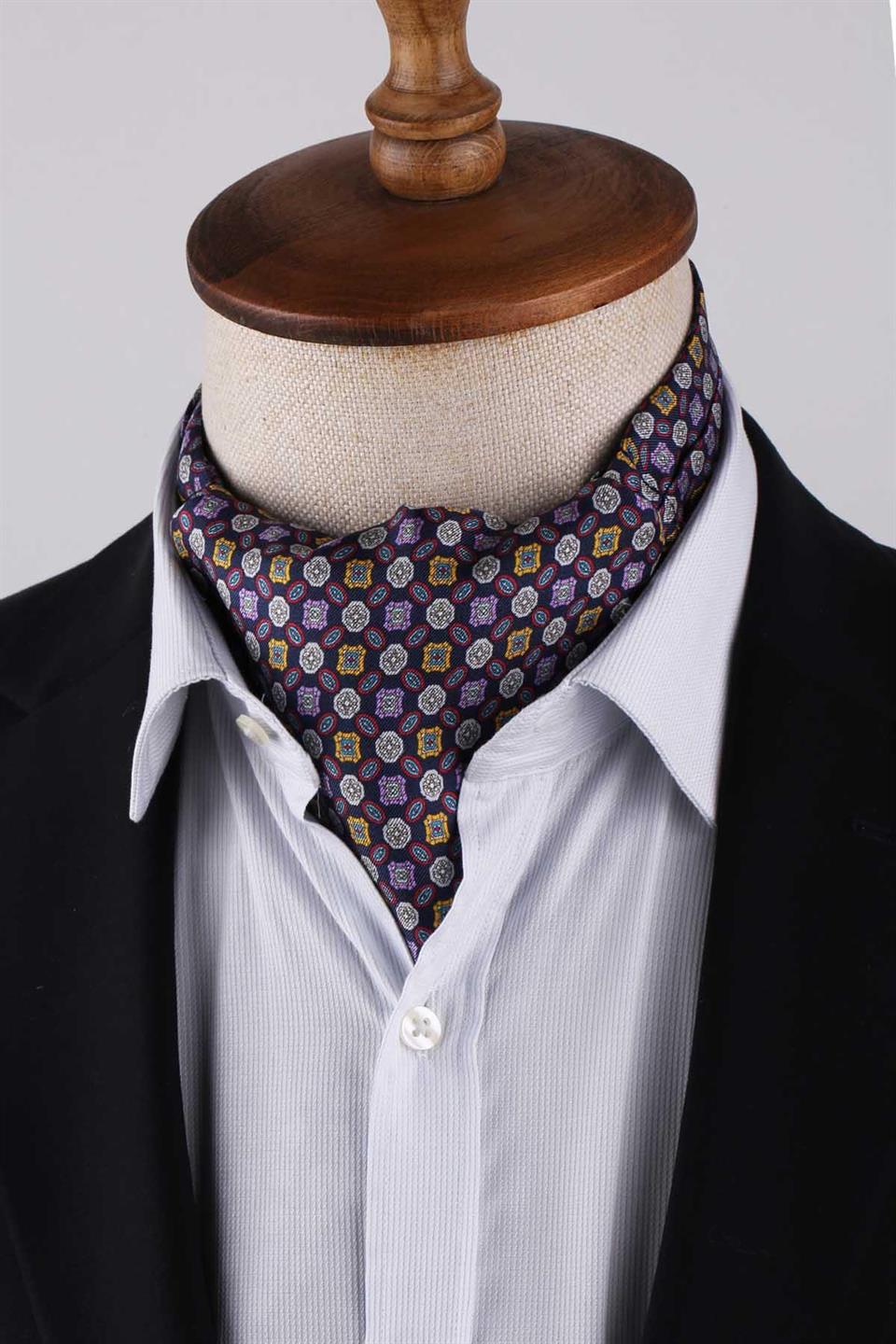 Çok Renkli Motif Desen İtalyan İpek Ascot Kravat SAC61