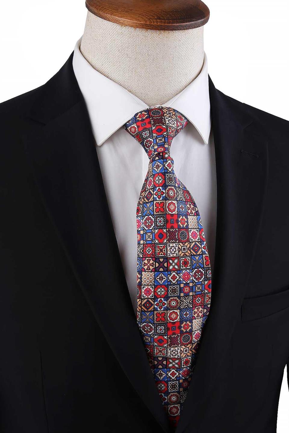 Çok Renkli Motif Desen İtalyan İpek Kravat İK1688