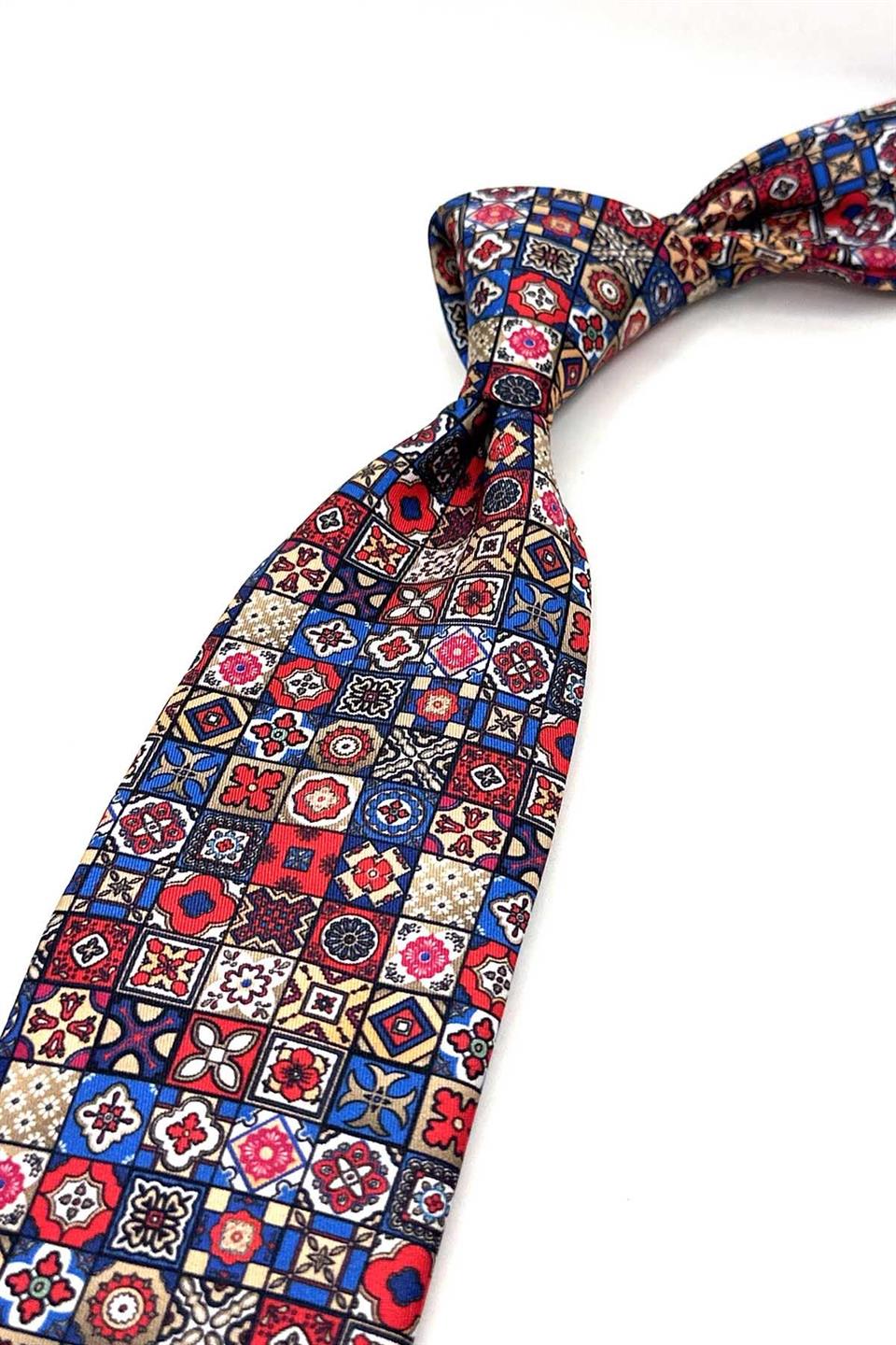 Çok Renkli Motif Desen İtalyan İpek Kravat İK1688