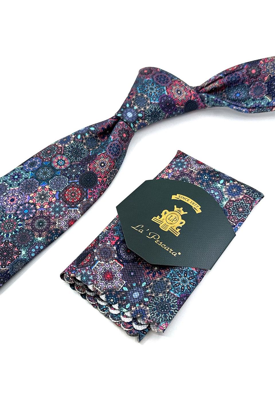 Çok Renkli Motif Desen Mendilli Klasik Kravat KK11948