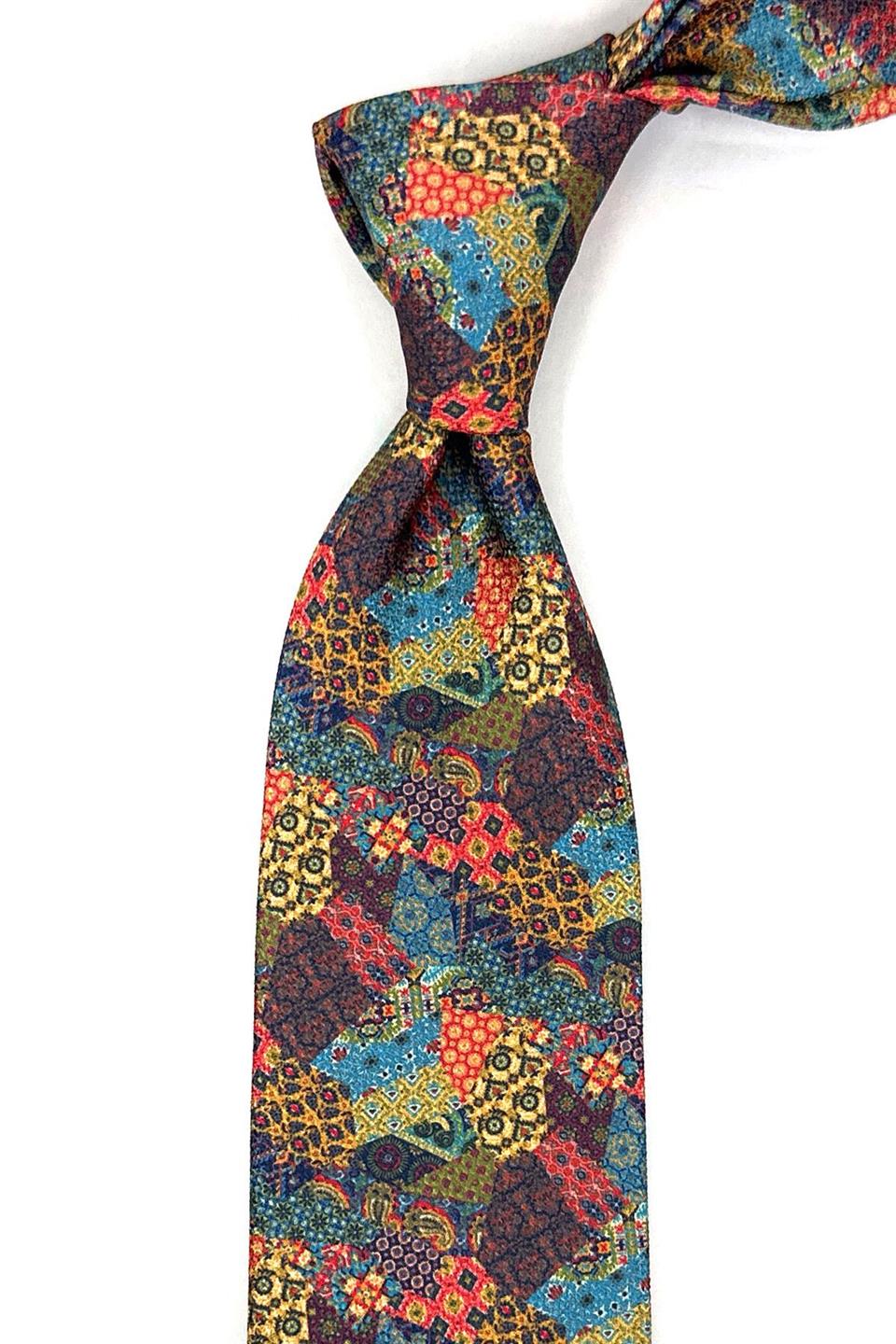 Çok Renkli Motif Desen Mendilli Klasik Kravat KK11952
