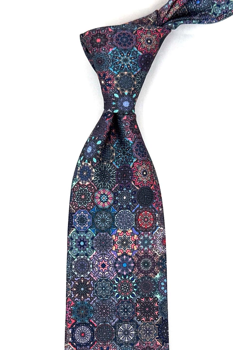 Çok Renkli Motif Desen Mendilli Klasik Kravat KK11948