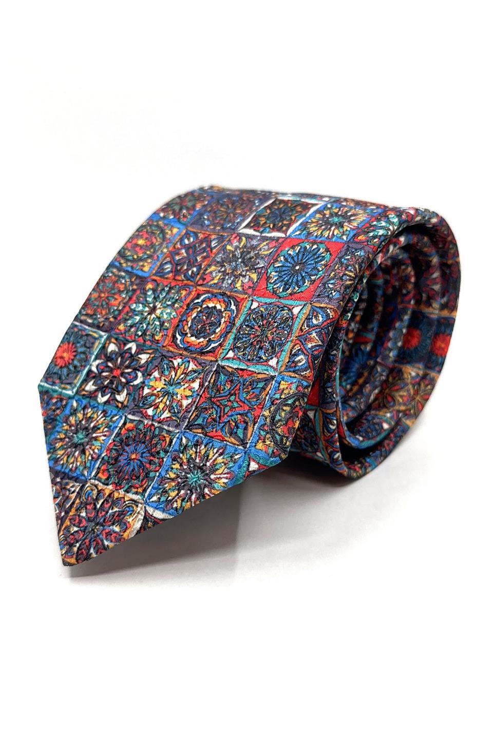 Çok Renkli Motif Desen Mendilli Klasik Kravat KK11793