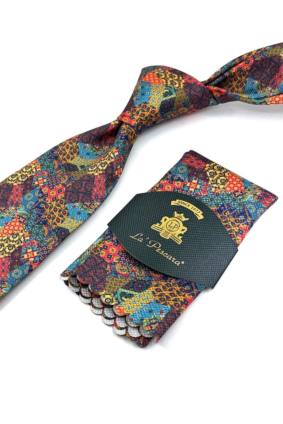 Çok Renkli Motif Desen Mendilli Klasik Kravat KK11952