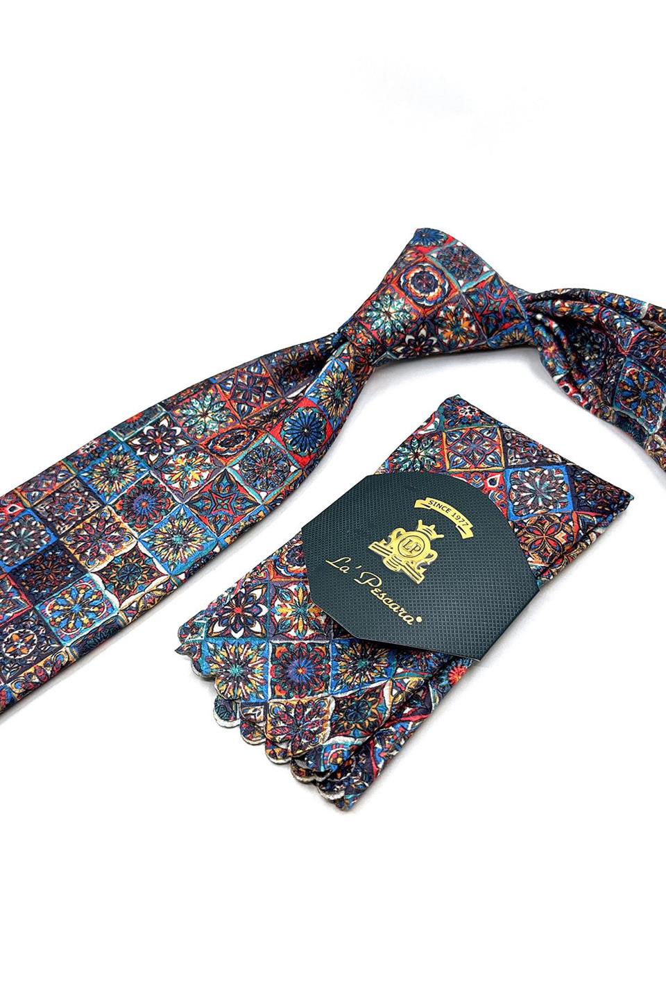 Çok Renkli Motif Desen Mendilli Klasik Kravat KK11793