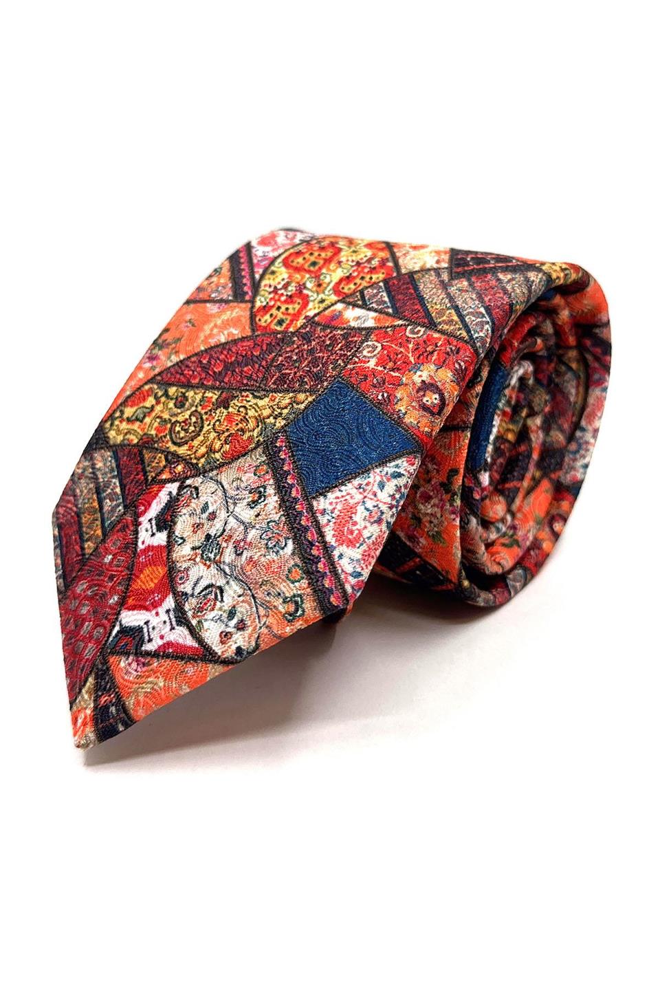 Çok Renkli Motif Desen Mendilli Klasik Kravat KK11794