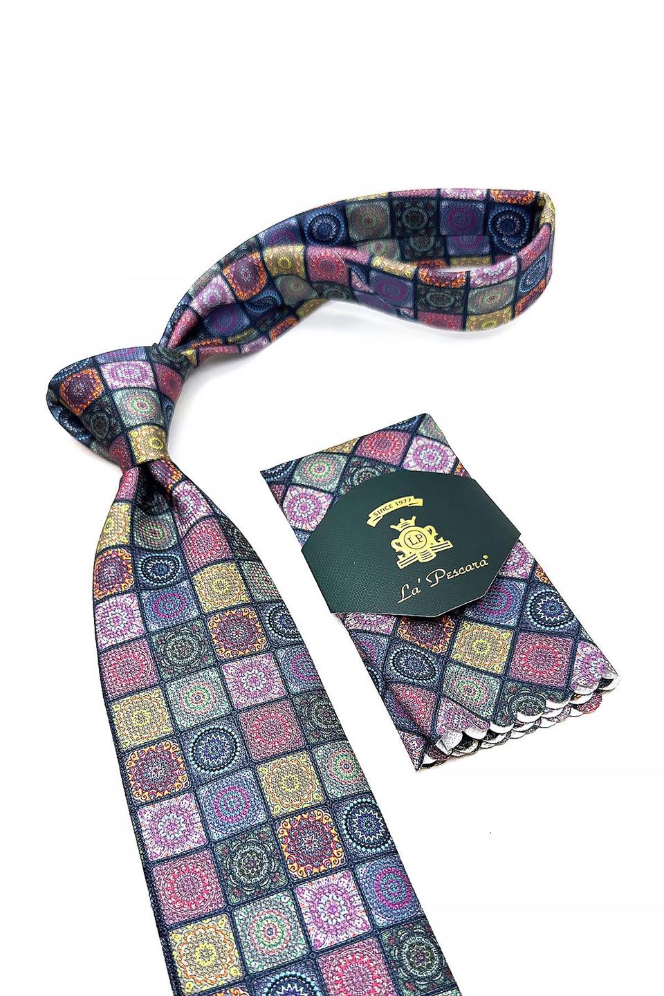 Çok Renkli Motif Desen Mendilli Klasik Kravat KK11444