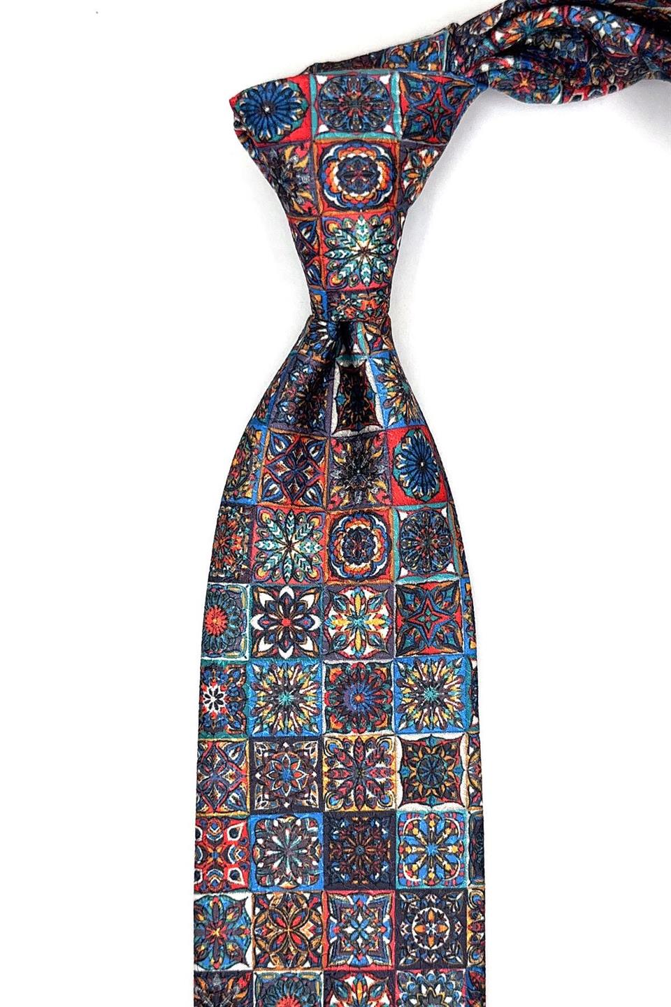 Çok Renkli Motif Desen Mendilli Klasik Kravat KK11793
