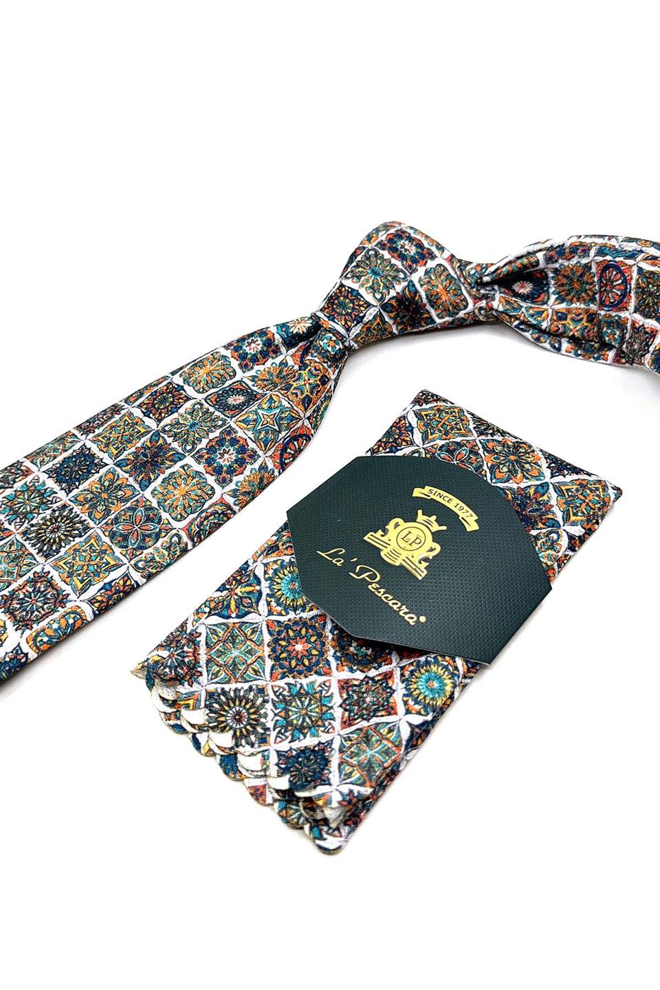 Çok Renkli Motif Desen Mendilli Klasik Kravat KK11783