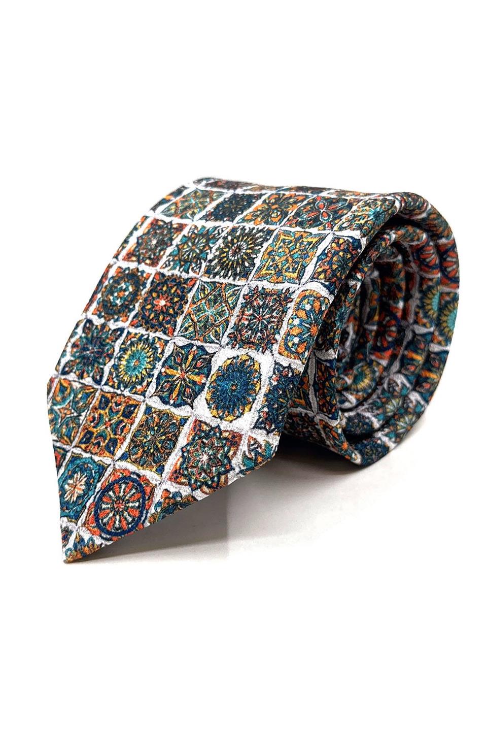 Çok Renkli Motif Desen Mendilli Klasik Kravat KK11783