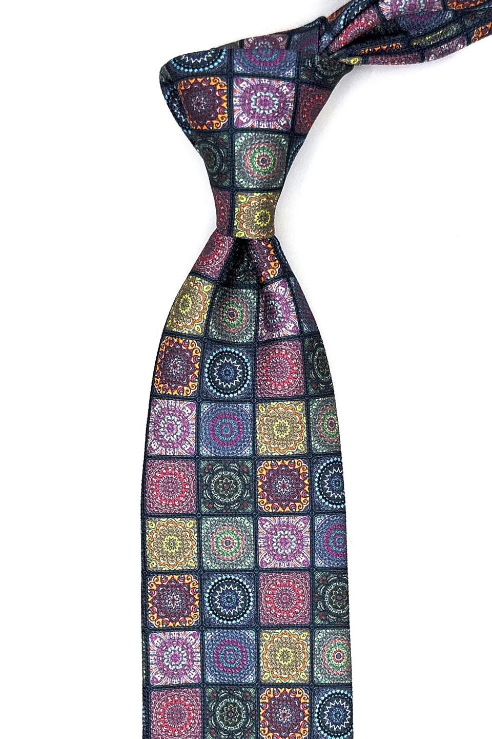 Çok Renkli Motif Desen Mendilli Klasik Kravat KK11444