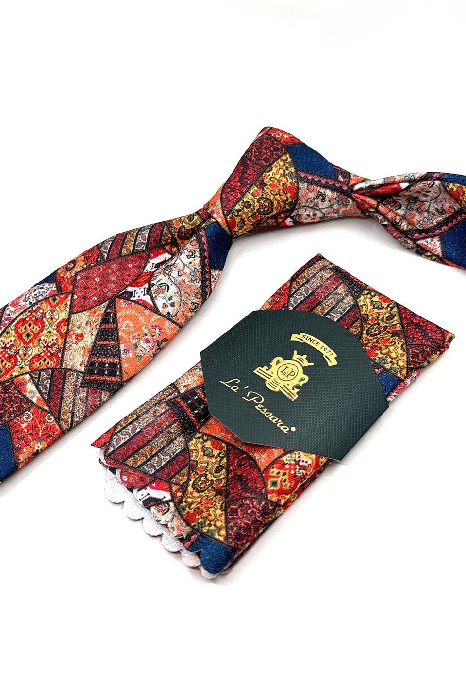 Çok Renkli Motif Desen Mendilli Klasik Kravat KK11794