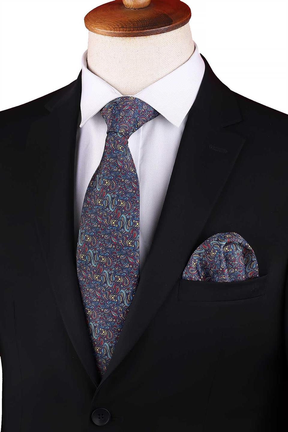 Çok Renkli Şal Desen Baskılı Mendilli Klasik Kravat KK13340