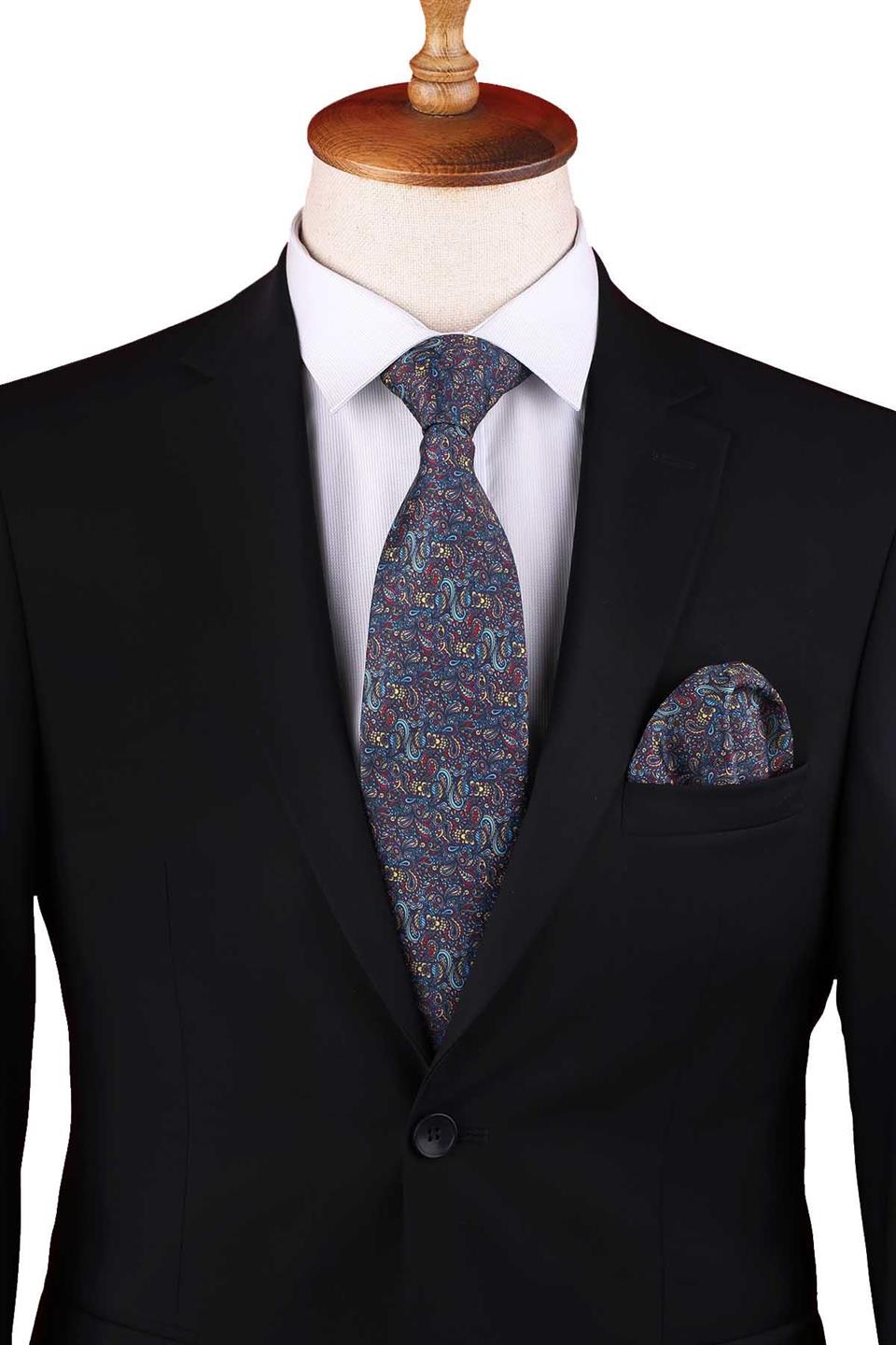 Çok Renkli Şal Desen Baskılı Mendilli Klasik Kravat KK13340