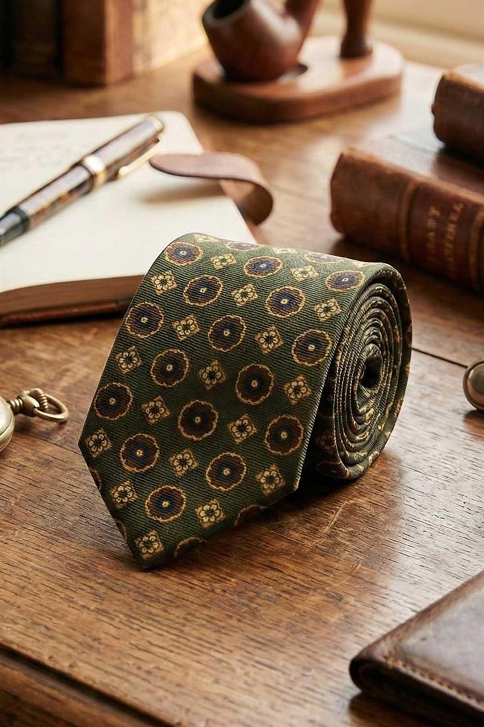 Colmegna Style Haki Motif Desen İtalyan İpek Kravat İK2235