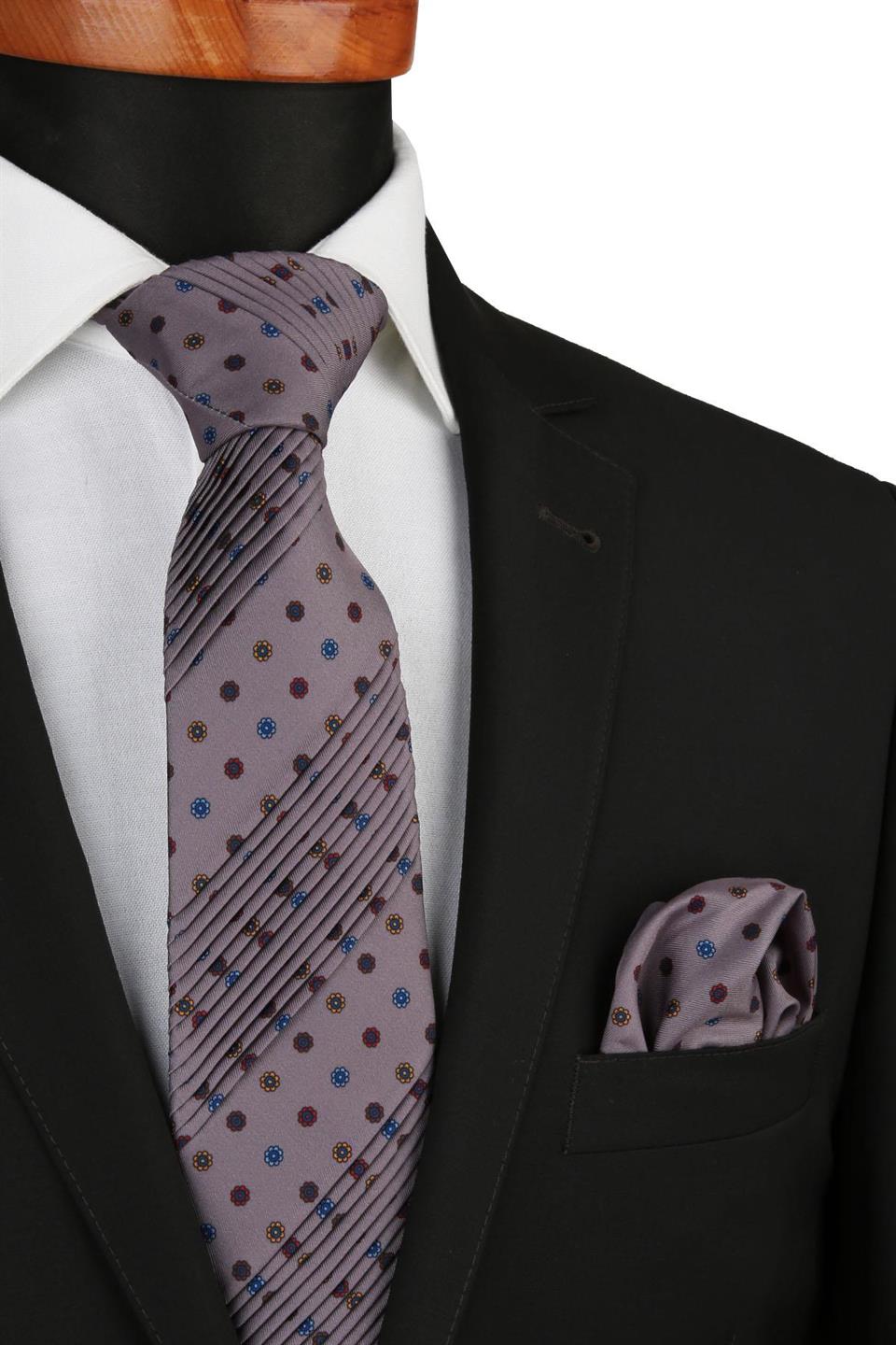 Dahlias Style Gri Motif Desen İtalyan Piliseli Kravat CRK09