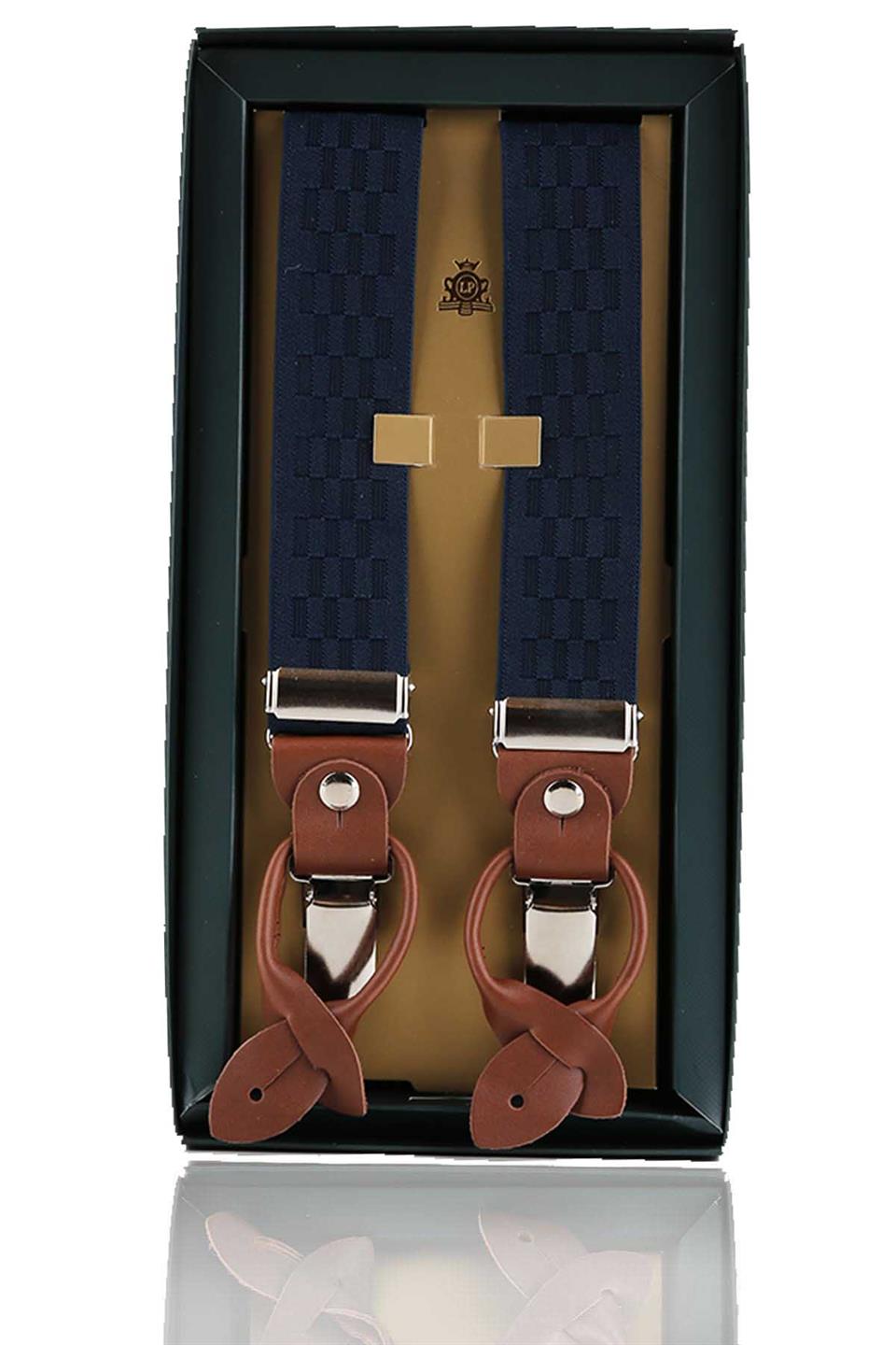 Deri Bağlantılı Düğme Delikli Jakarlı Lacivert Pantolon Askısı PAN71