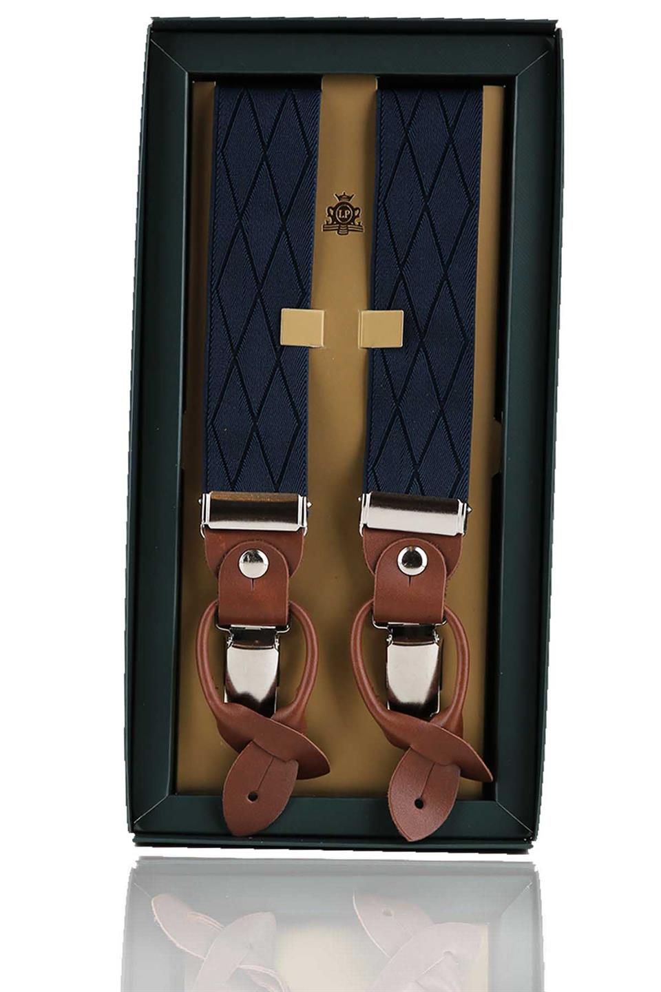 Deri Bağlantılı Düğme Delikli Jakarlı Lacivert Pantolon Askısı PAN63