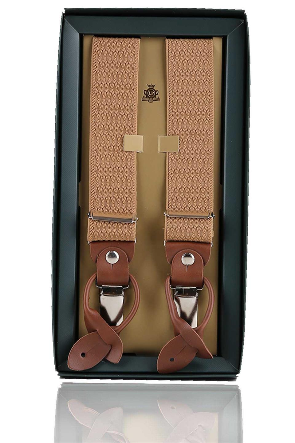 Deri Bağlantılı Düğme Delikli Jakarlı Bej Pantolon Askısı PAN107