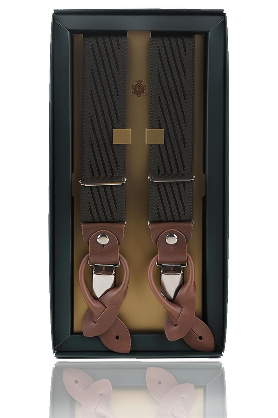 Deri Bağlantılı Düğme Delikli Jakarlı Yeşil Pantolon Askısı PAN105