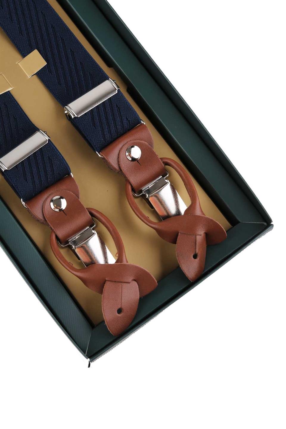 Deri Bağlantılı Düğme Delikli Jakarlı Lacivert Pantolon Askısı PAN85