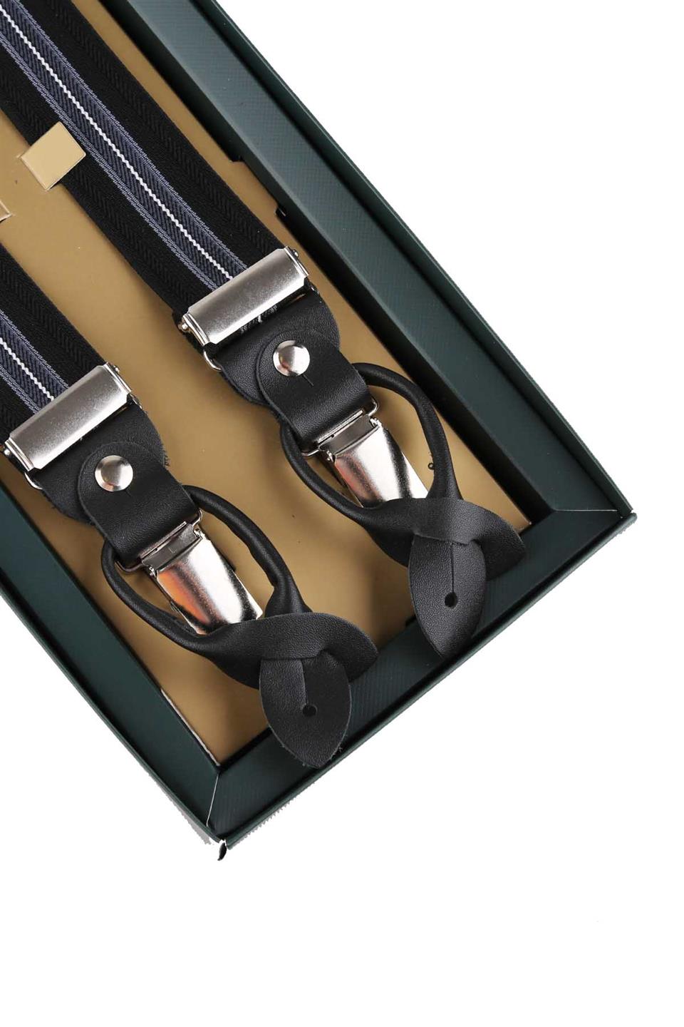 Deri Bağlantılı Düğme Delikli Jakarlı Siyah Pantolon Askısı PAN116