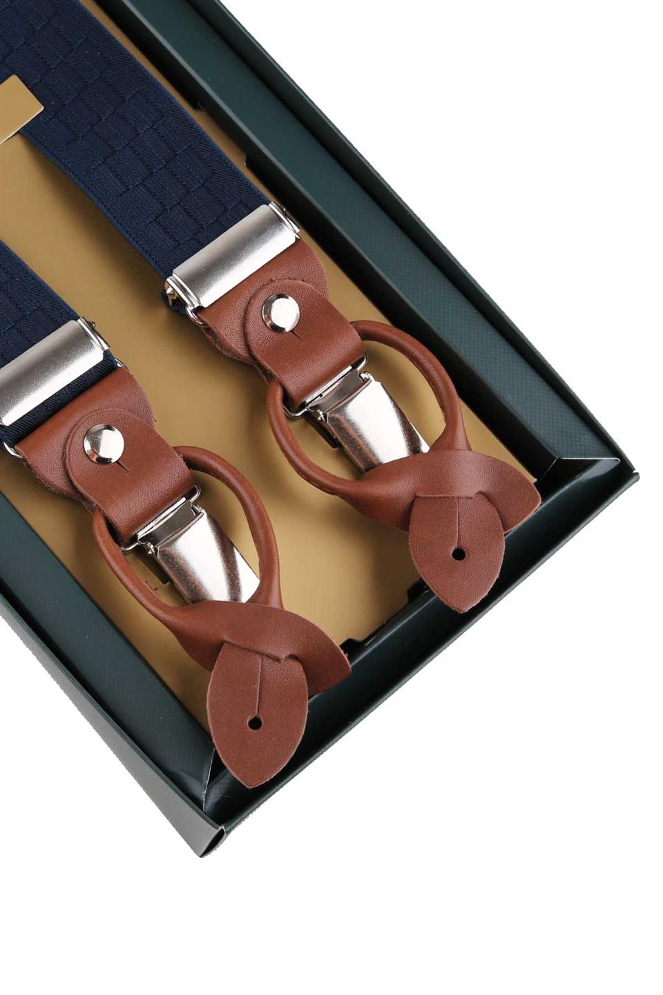 Deri Bağlantılı Düğme Delikli Jakarlı Lacivert Pantolon Askısı PAN71