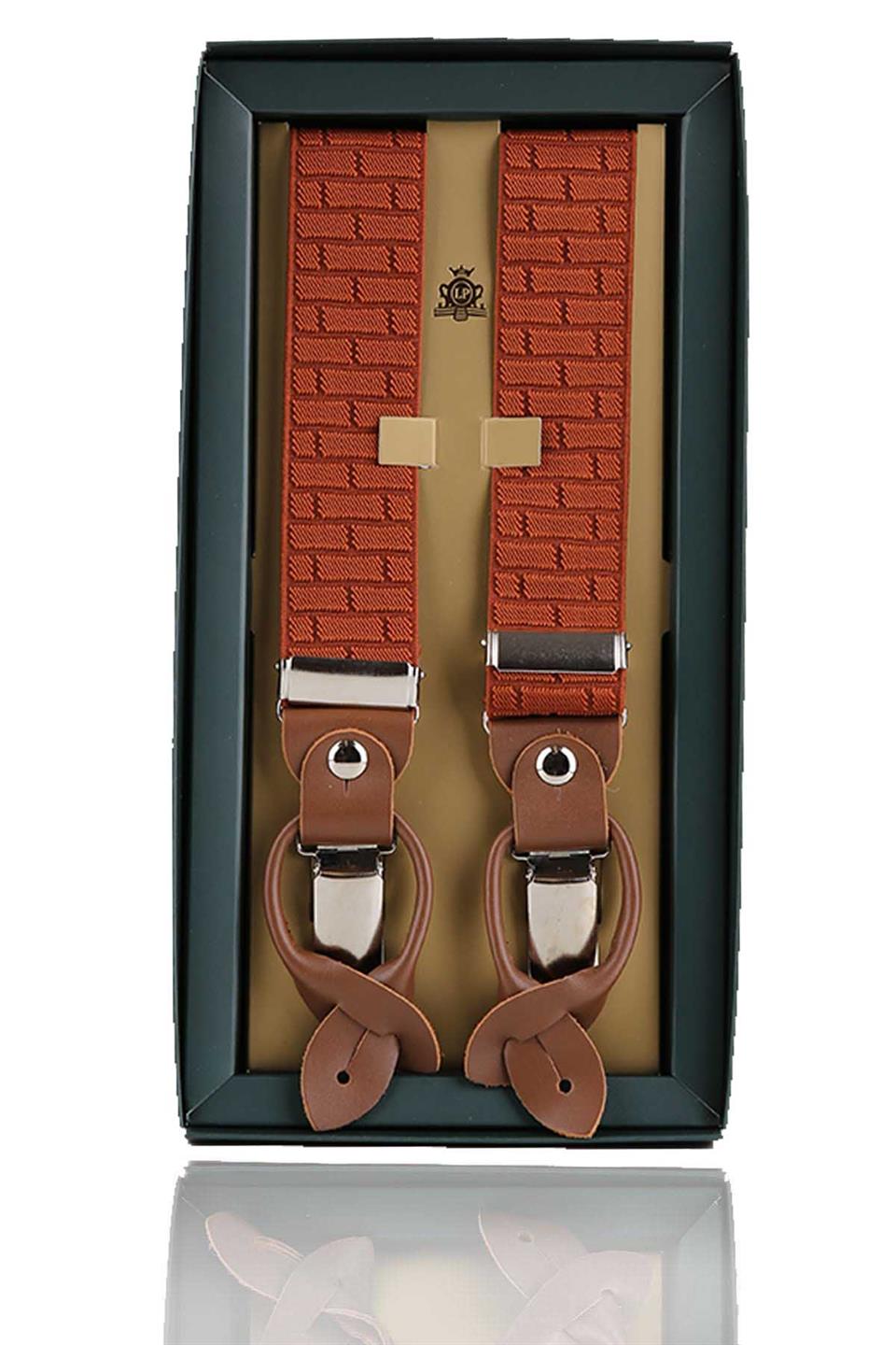 Deri Bağlantılı Düğme Delikli Jakarlı Terakota Pantolon Askısı PAN112